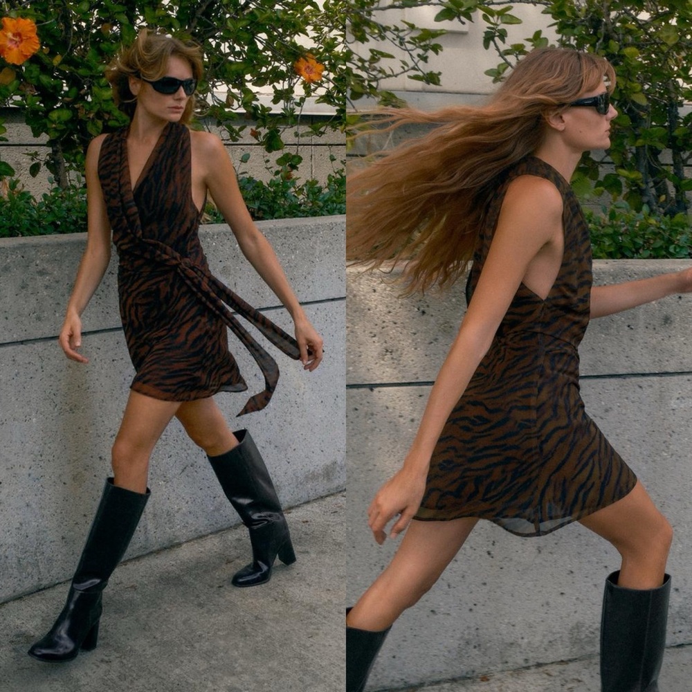 Zara V neck Tiger Print Mini dress animal print and front tie NWT size Small